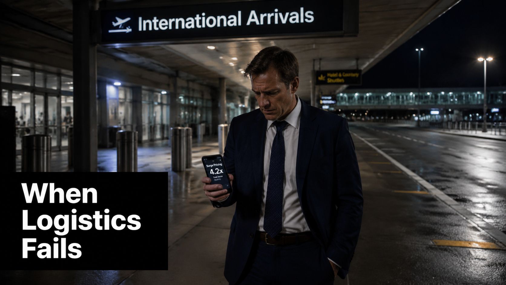 A businessman looking at his phone while standing under an International Arrivals sign at an airport.