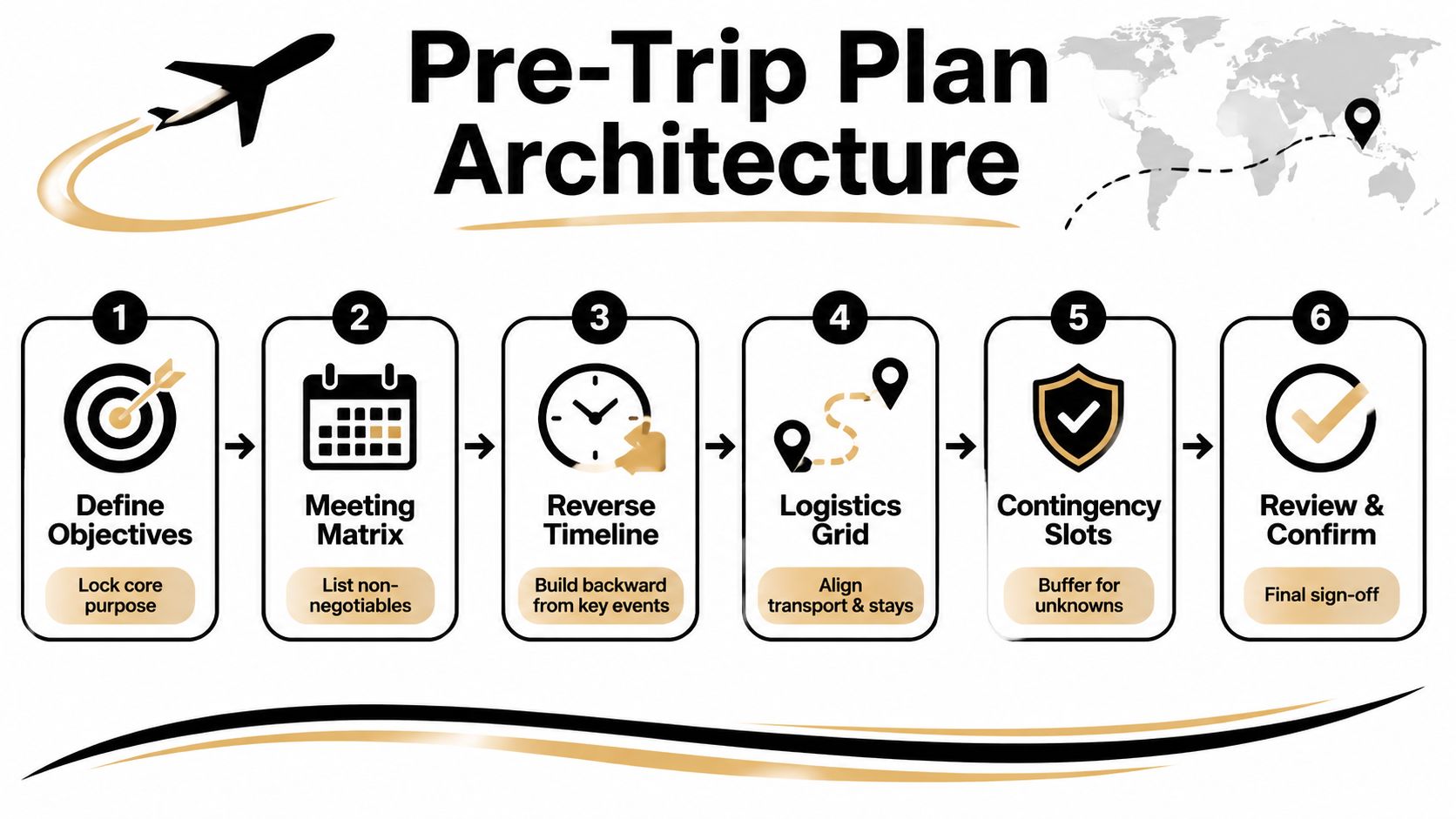 A six-step infographic illustrating a business travel planning process from defining objectives to final confirmation.