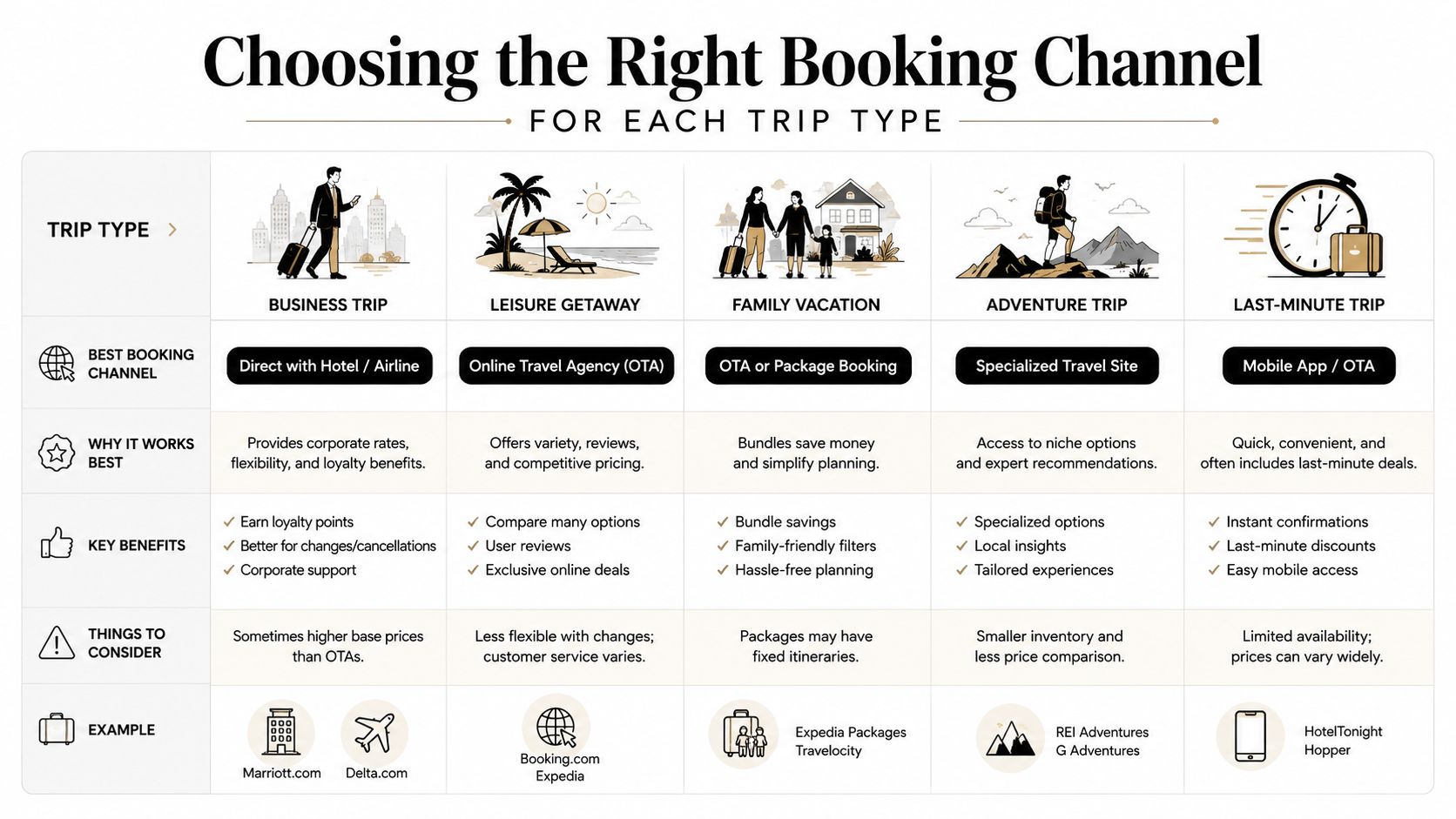 A comparison chart showing the best booking channels for different types of travel trips.