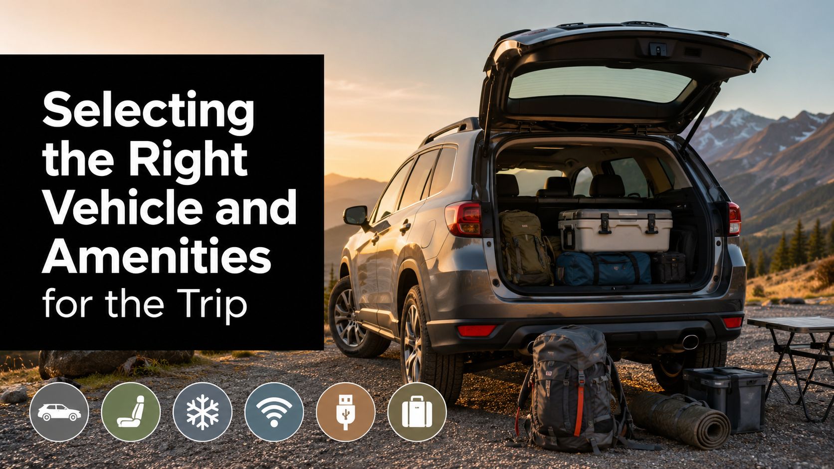 A modern SUV parked in a mountain landscape with travel gear, highlighting vehicle amenities for trip planning.
