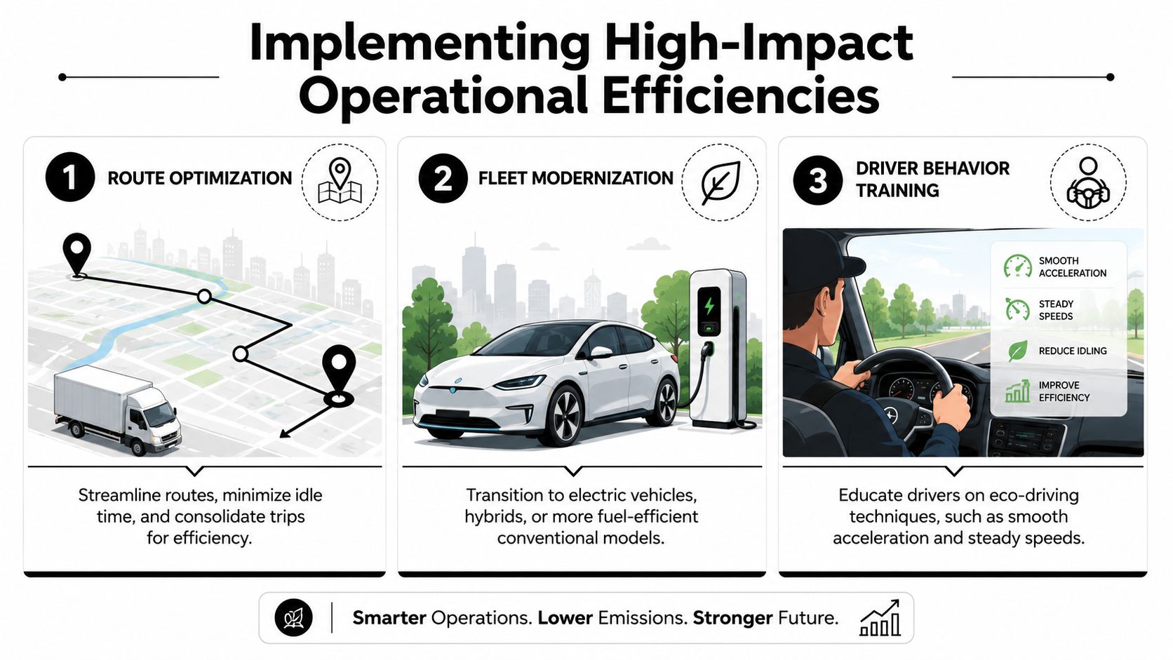 An infographic showing three operational strategies to reduce a business's carbon footprint through efficiency improvements.
