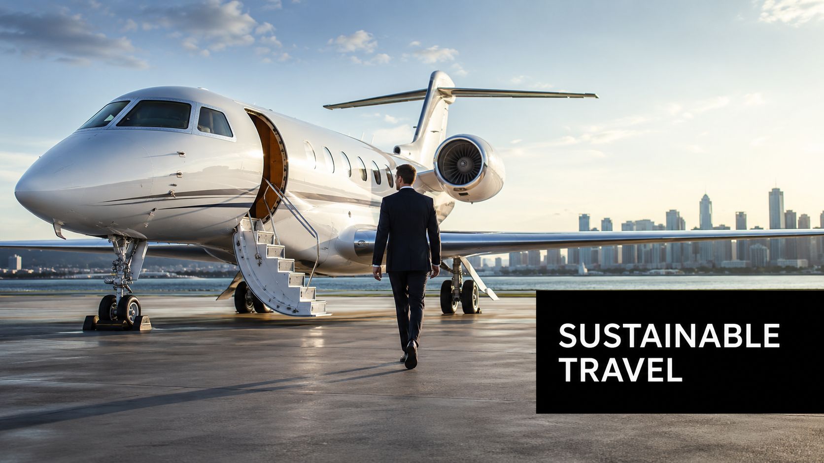 A businessman walking towards a private jet parked on an airport tarmac with a city skyline behind.