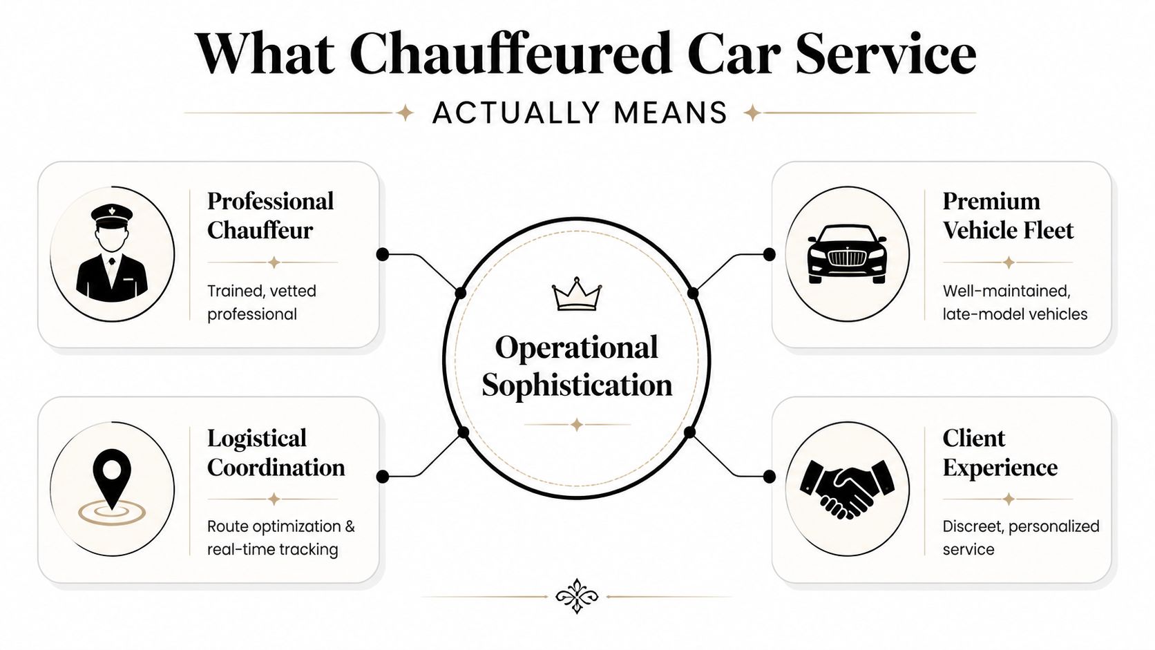 An infographic titled What Chauffeured Car Service Actually Means, highlighting professional chauffeurs, premium vehicle fleets, logistics, and client experience.