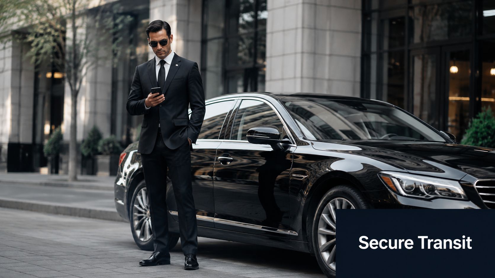 A professional man in a black suit standing next to a luxury car using a smartphone.