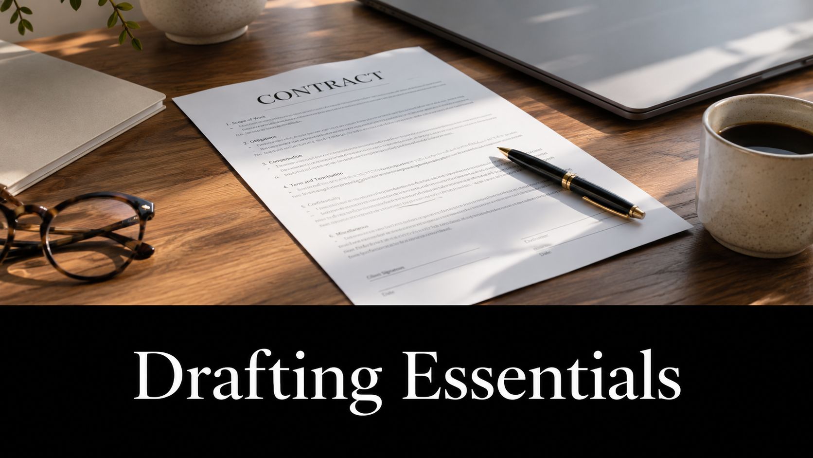 A professional desk workspace featuring a contract document, a fountain pen, eyeglasses, and a cup of coffee.