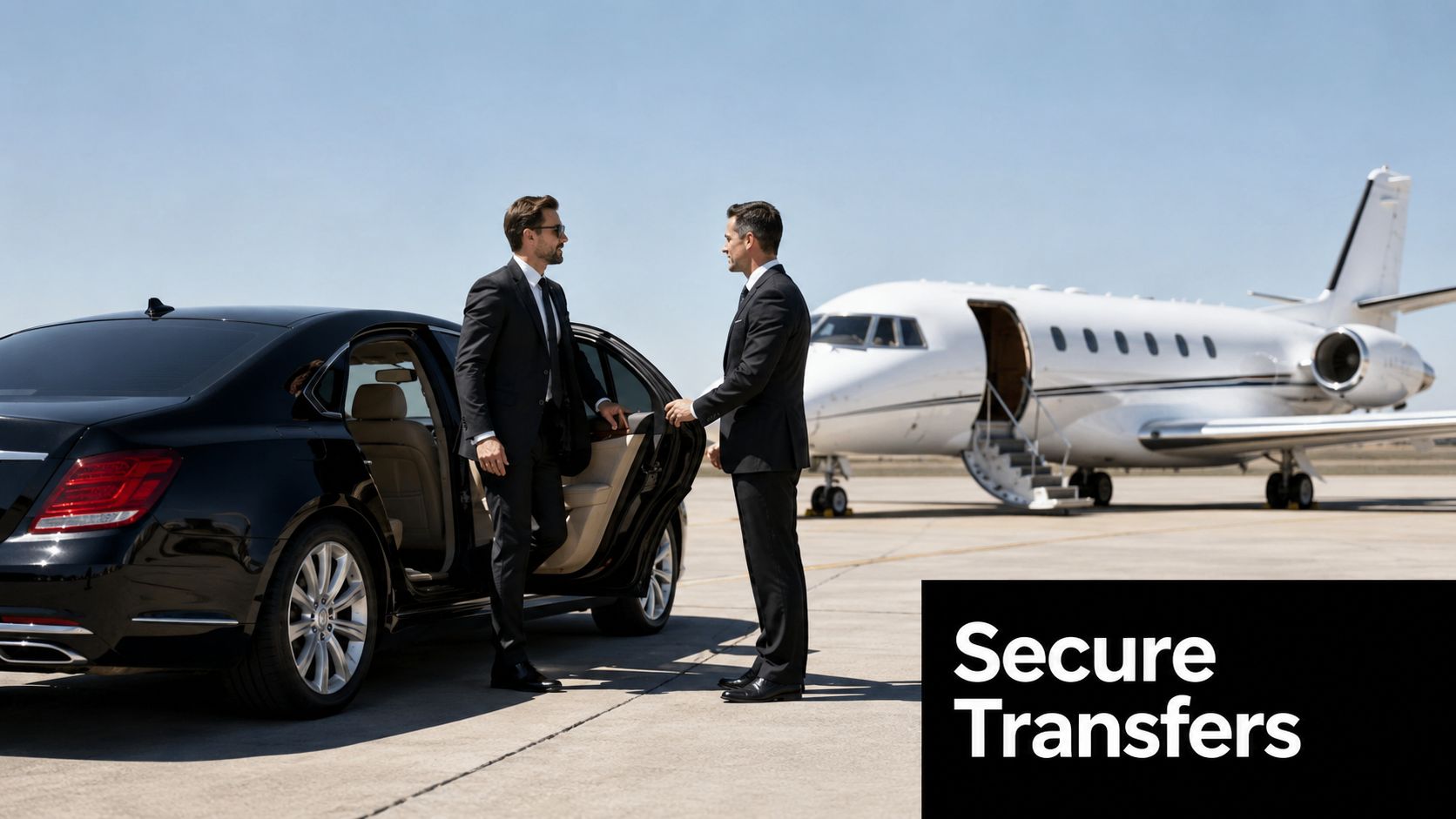 A professional chauffeur greeting a businessman arriving at a private jet in a luxury sedan.