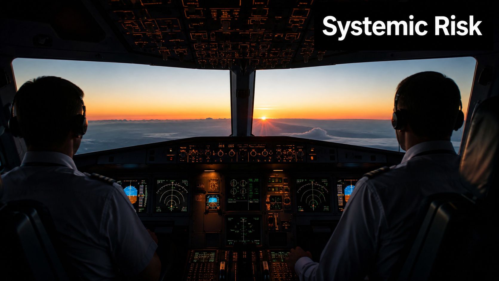 "Two pilots sitting in the cockpit of an airplane during a beautiful sunset over the clouds."