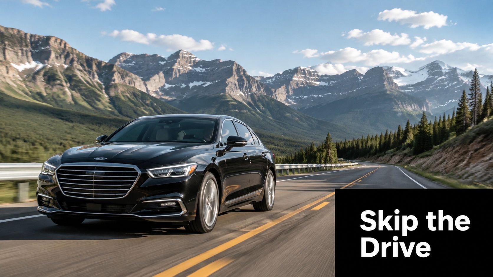 A black luxury sedan driving along a scenic mountain highway under a clear blue sky.