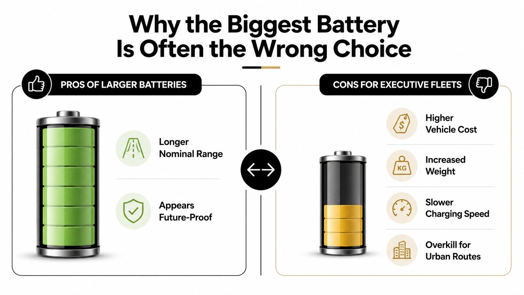 An infographic comparing the pros and cons of using large versus small batteries in executive fleet vehicles.