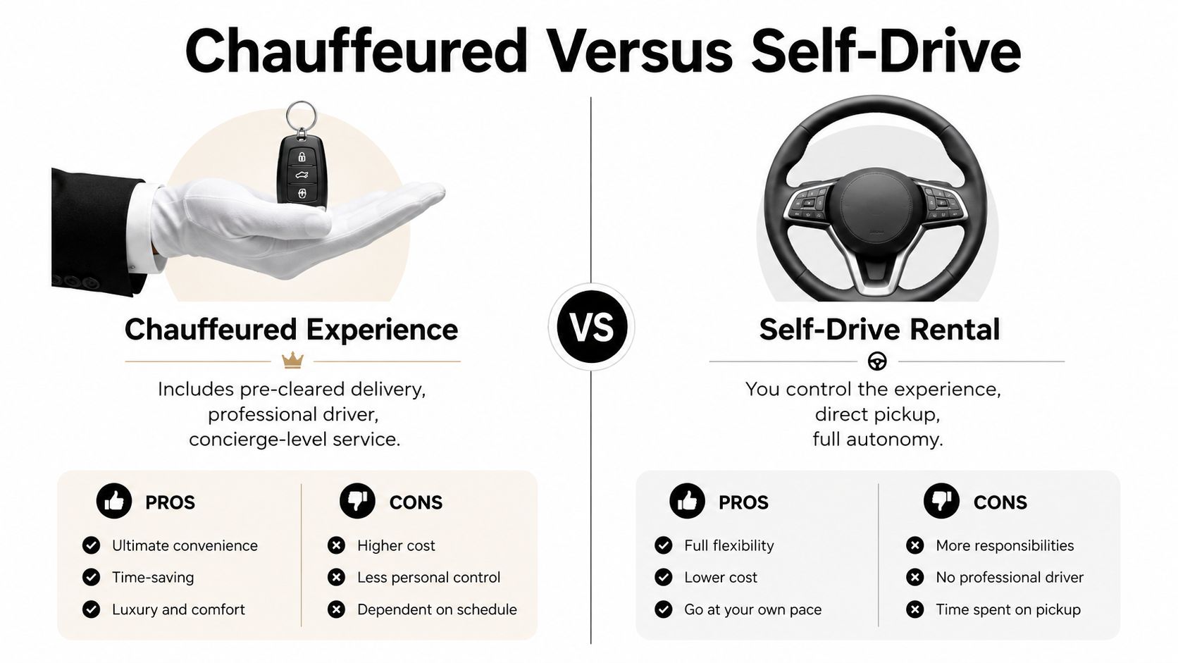 A comparison chart highlighting the benefits and drawbacks of choosing a chauffeured service versus a self-drive rental car.