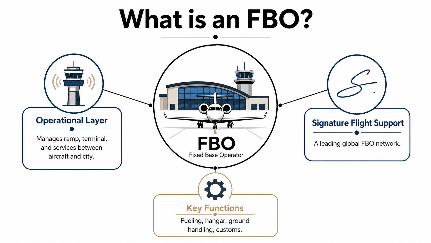 An infographic explaining that an FBO, or Fixed Base Operator, manages airport ground services and infrastructure.