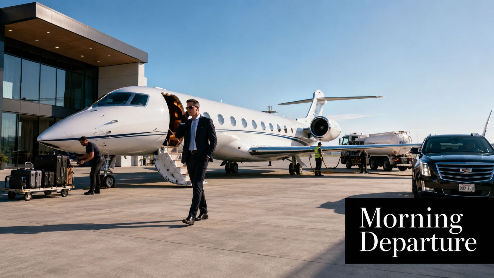 A businessman on a phone walks from a private jet toward a waiting car at an airport.