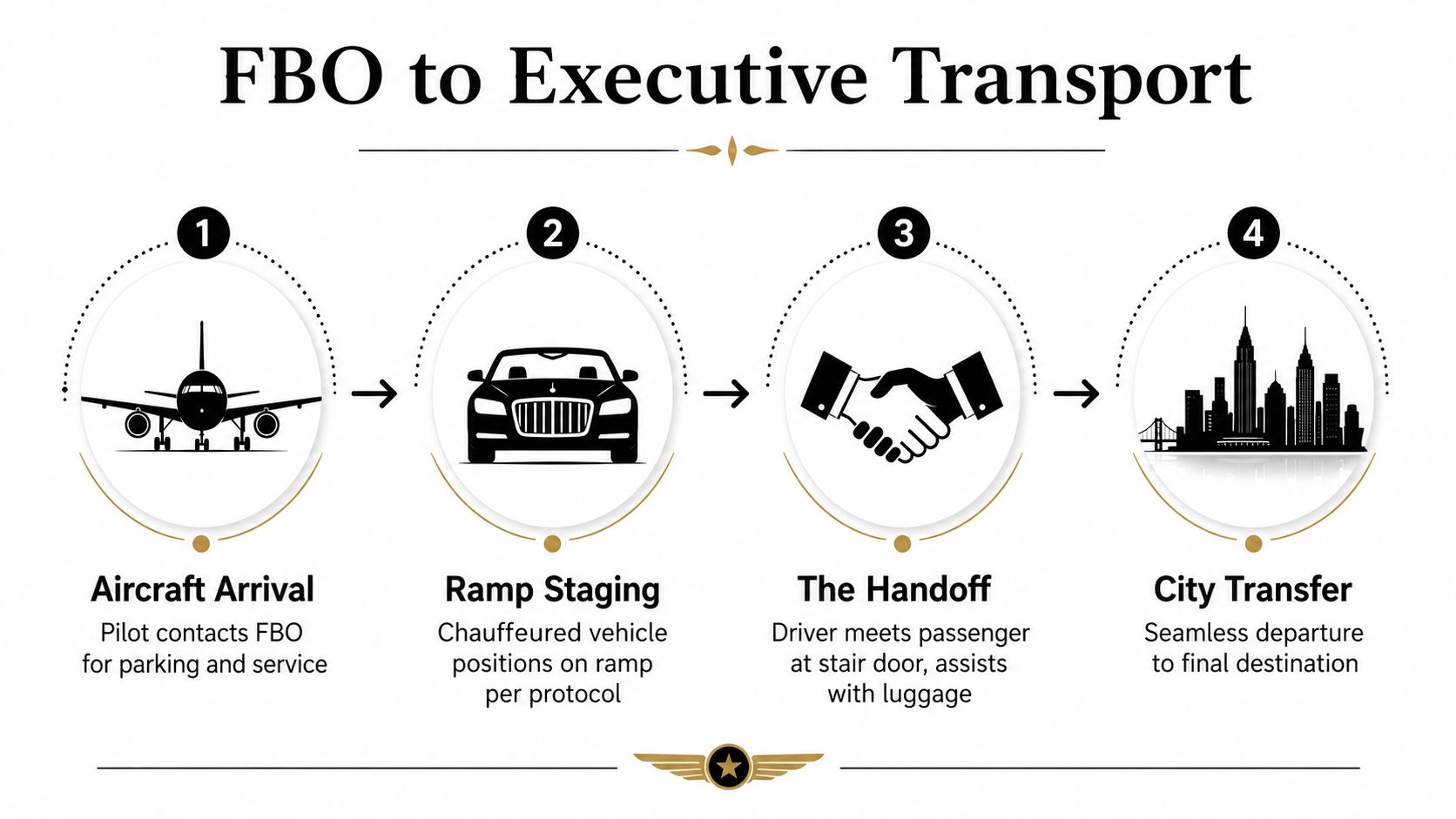 A four-step infographic illustrating the professional process of FBO aircraft arrival to executive ground transportation services.