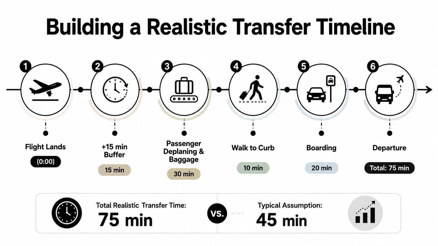 A diagram illustrating a realistic airport transfer timeline totaling 75 minutes compared to a 45 minute assumption.