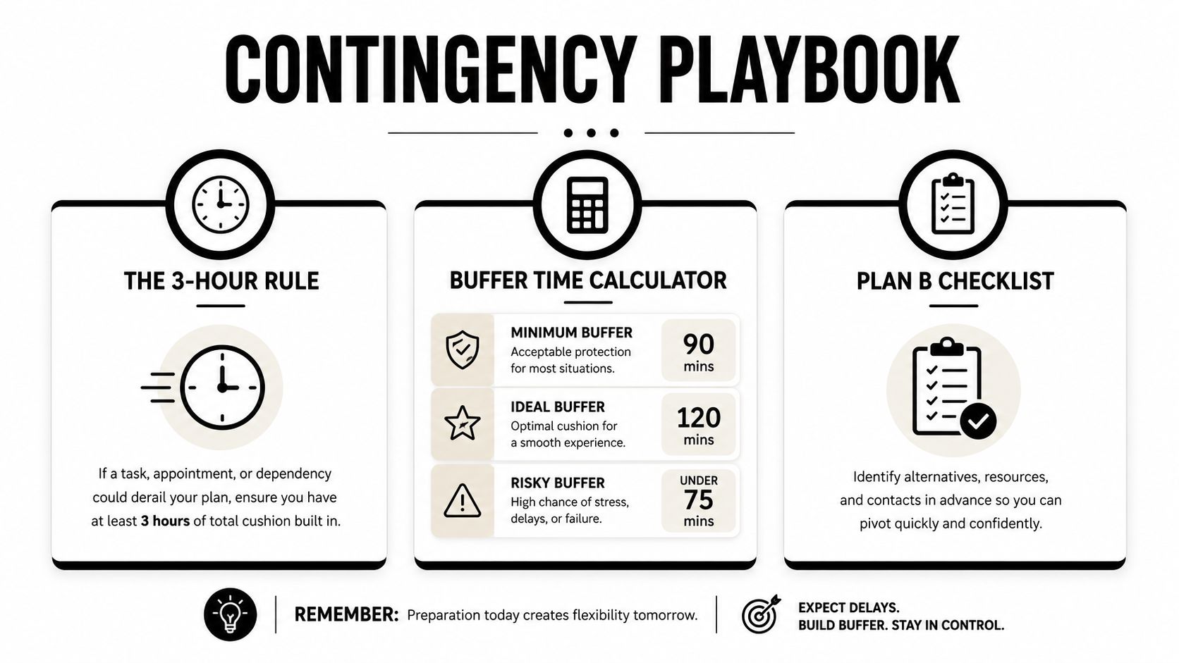 An infographic titled Contingency Playbook outlining strategies like the 3-hour rule, buffer time calculator, and plan B checklist.