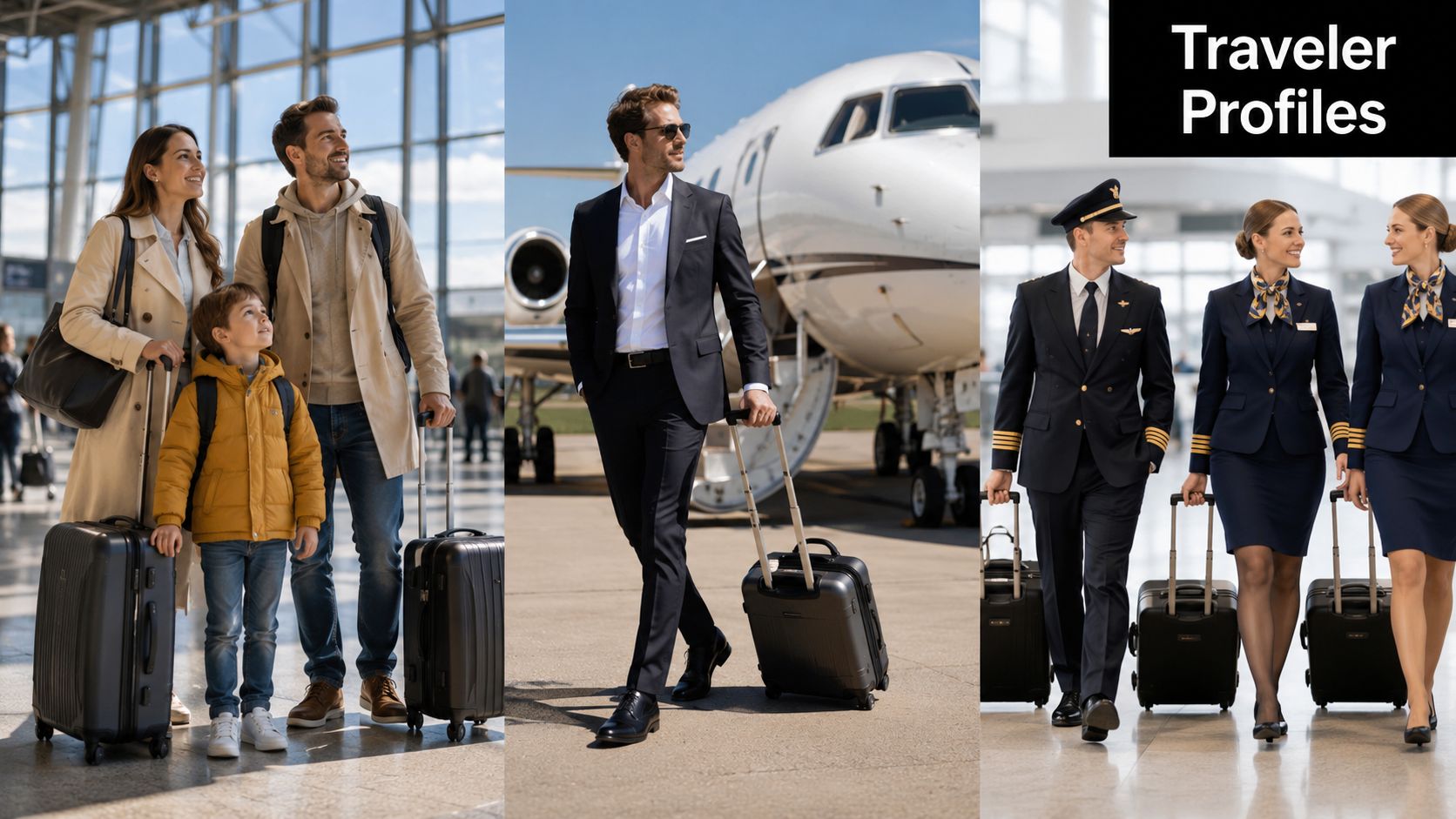 A collage showing a family, a businessman, and flight crew members walking with luggage at airports.