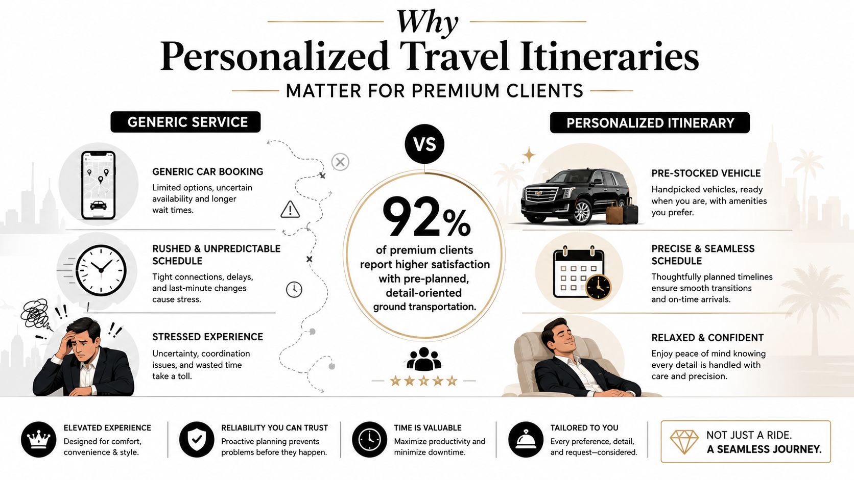 An infographic comparing generic car service to personalized travel itineraries, emphasizing client satisfaction and ground transportation benefits.