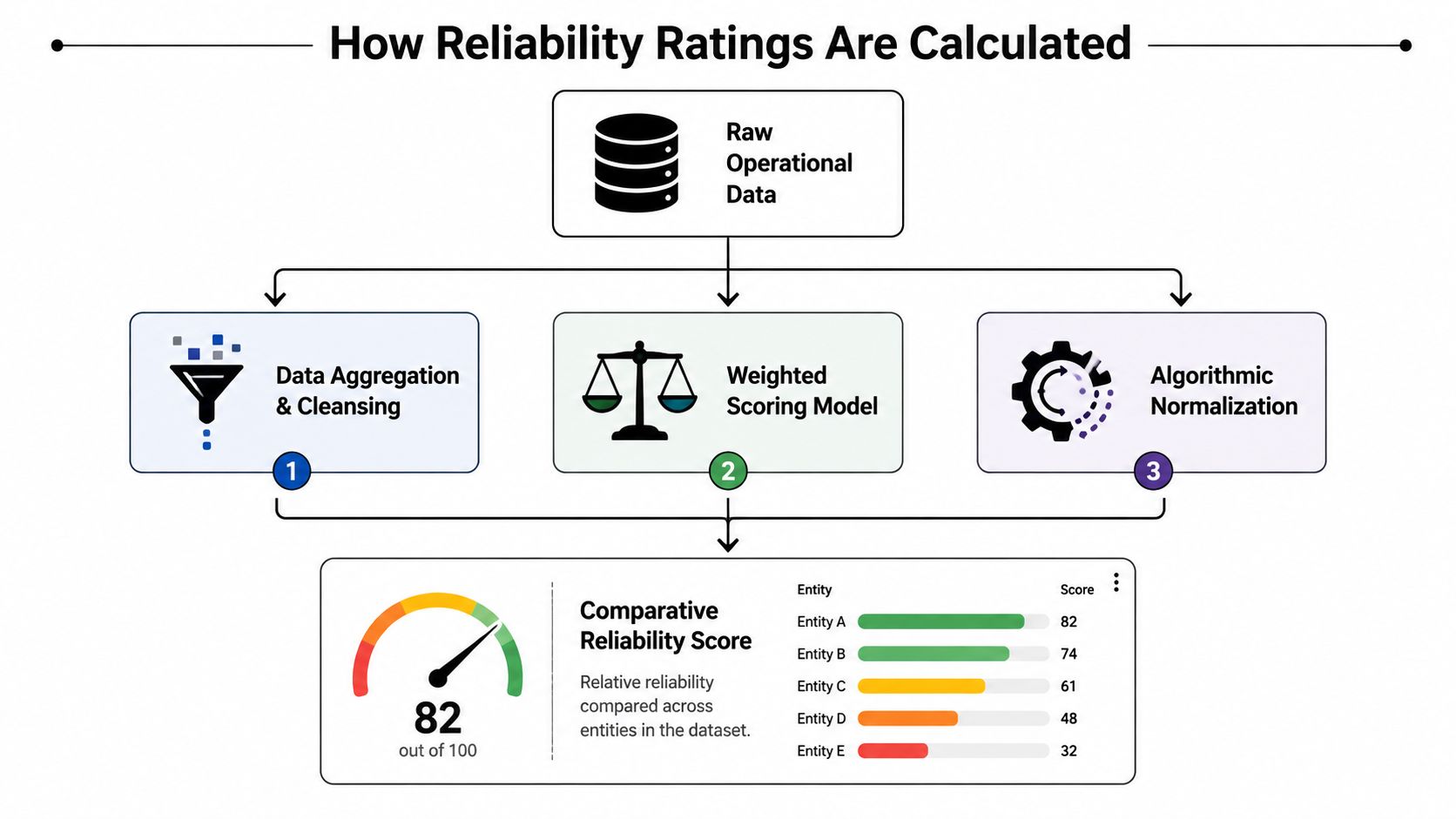 A diagram illustrating the three-step calculation process for determining comparative reliability ratings of data entities.
