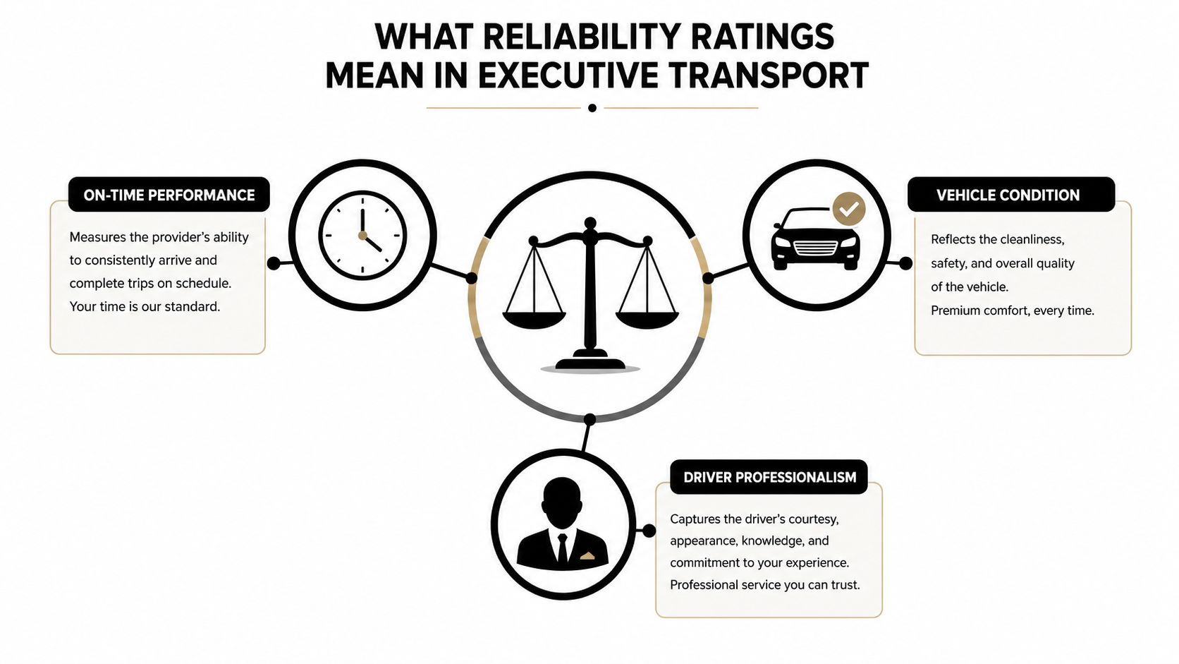 An infographic titled What Reliability Ratings Mean in Executive Transport detailing on-time performance, vehicle condition, and driver professionalism.