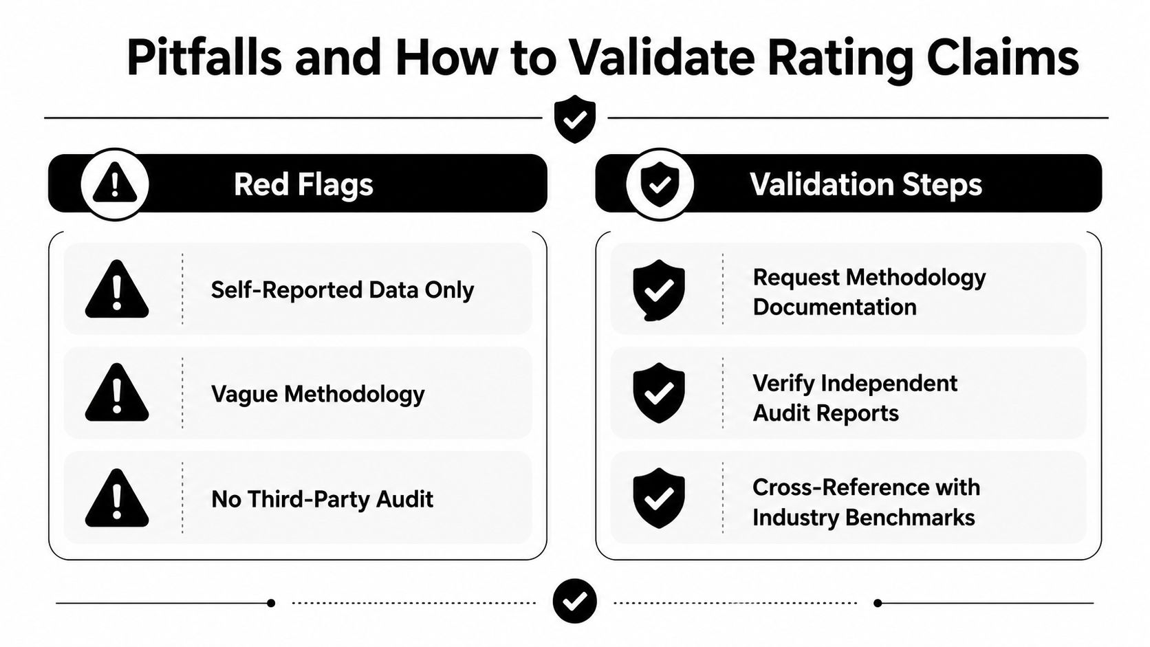 A diagram outlining red flags and validation steps to evaluate the reliability of rating claims.
