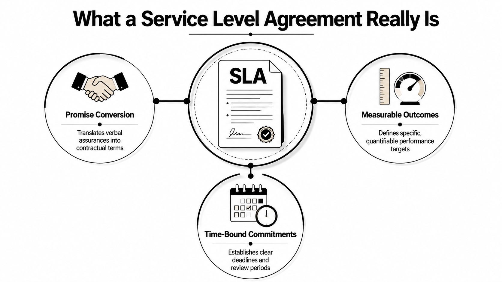 A diagram explaining Service Level Agreements through promise conversion, measurable outcomes, and time-bound commitments.