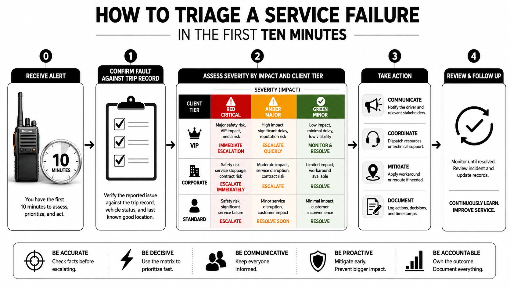 An infographic titled How to Triage a Service Failure, outlining a five-step incident management process.