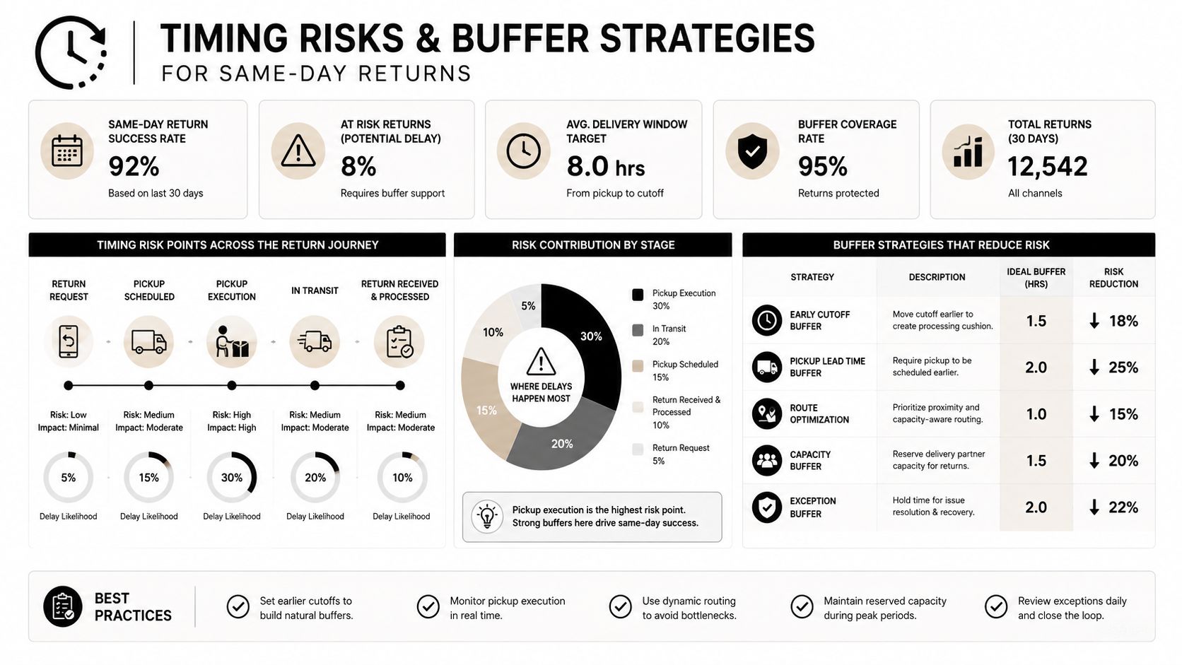An infographic showing timing risks, return stages, delay likelihoods, and buffer strategies for same-day return logistics.