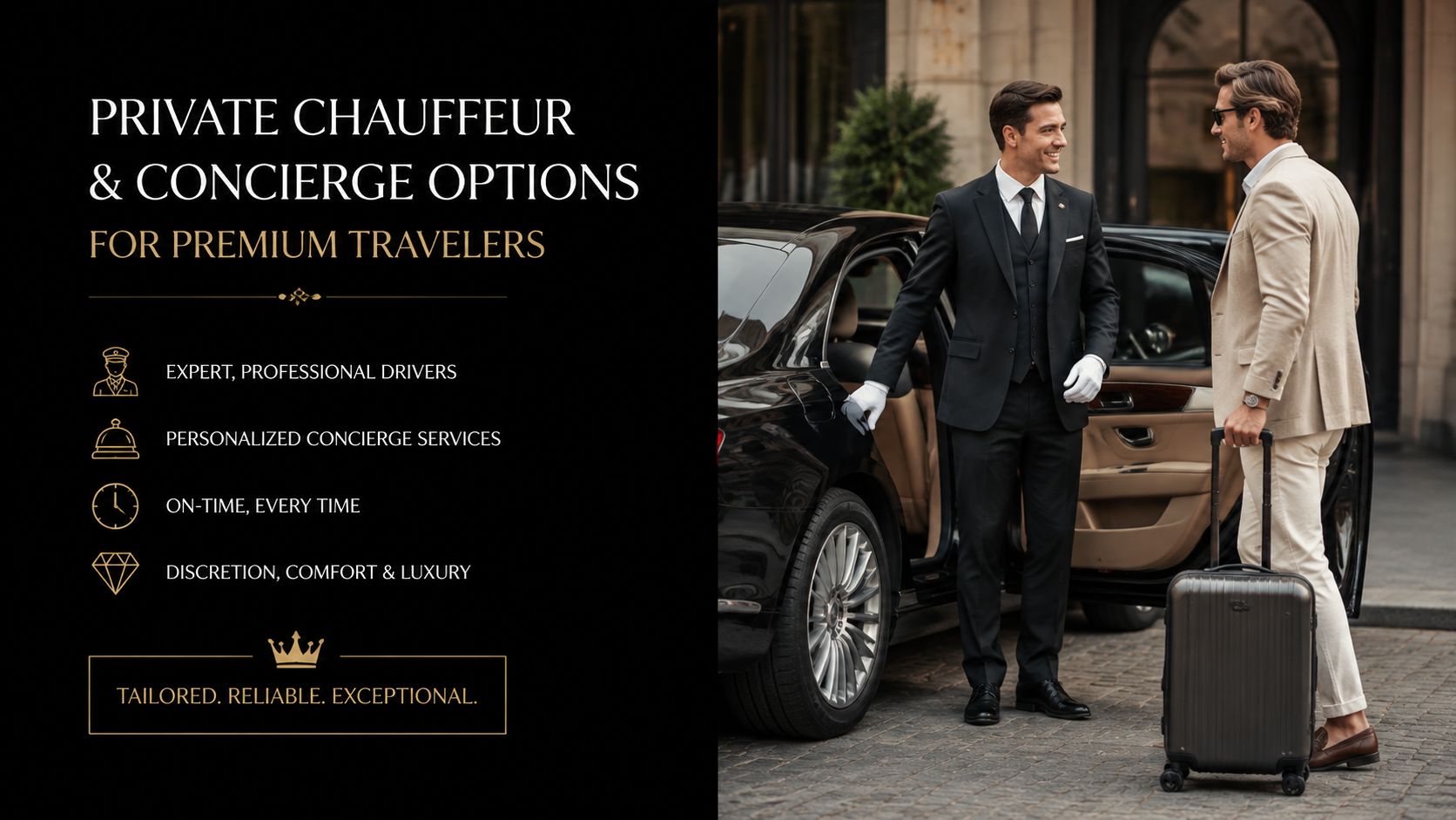 A professional chauffeur greeting a stylish traveler with luggage next to a luxury black sedan car.