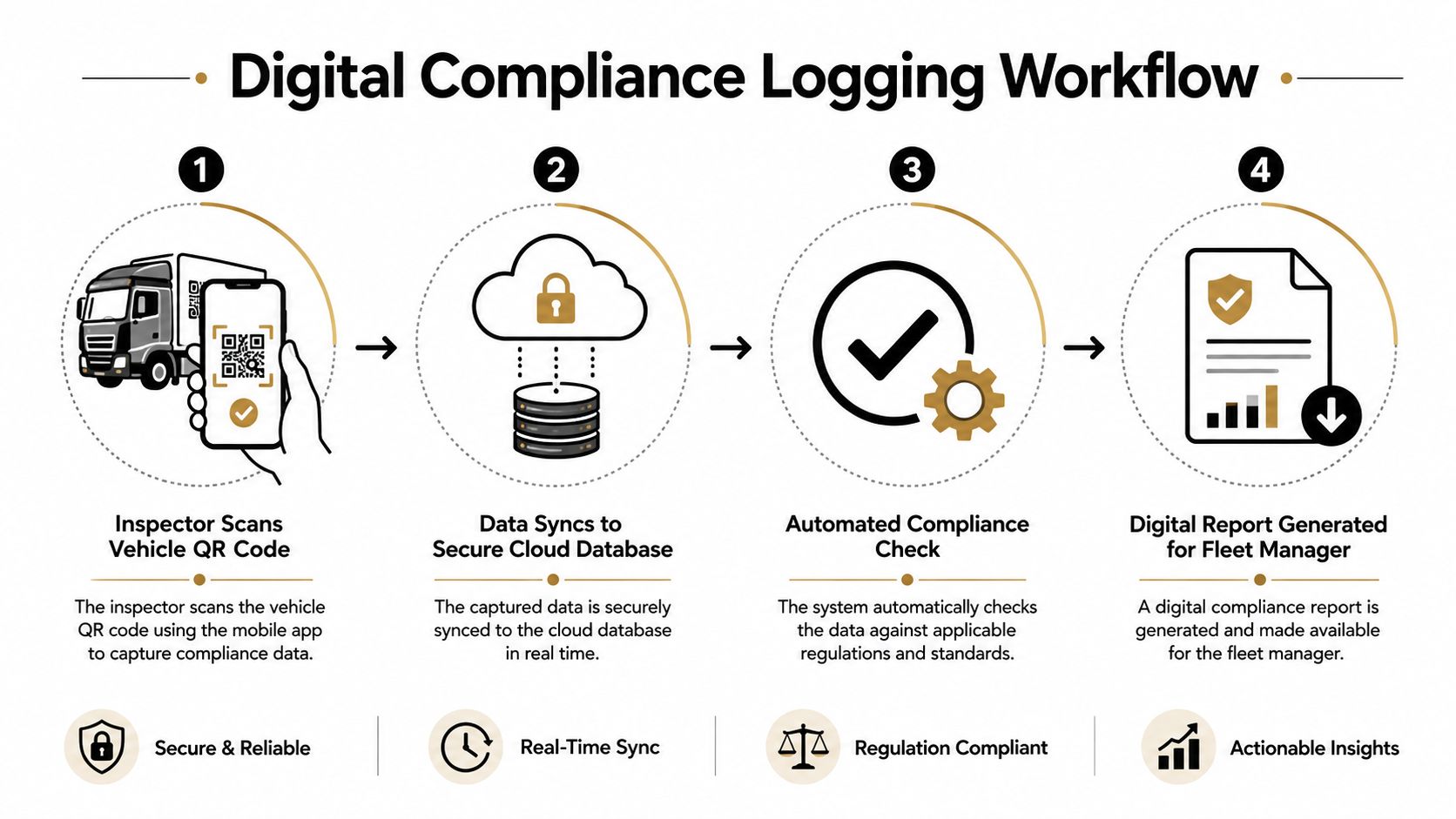 A four-step digital workflow infographic illustrating the process of vehicle safety inspections via QR code scanning.