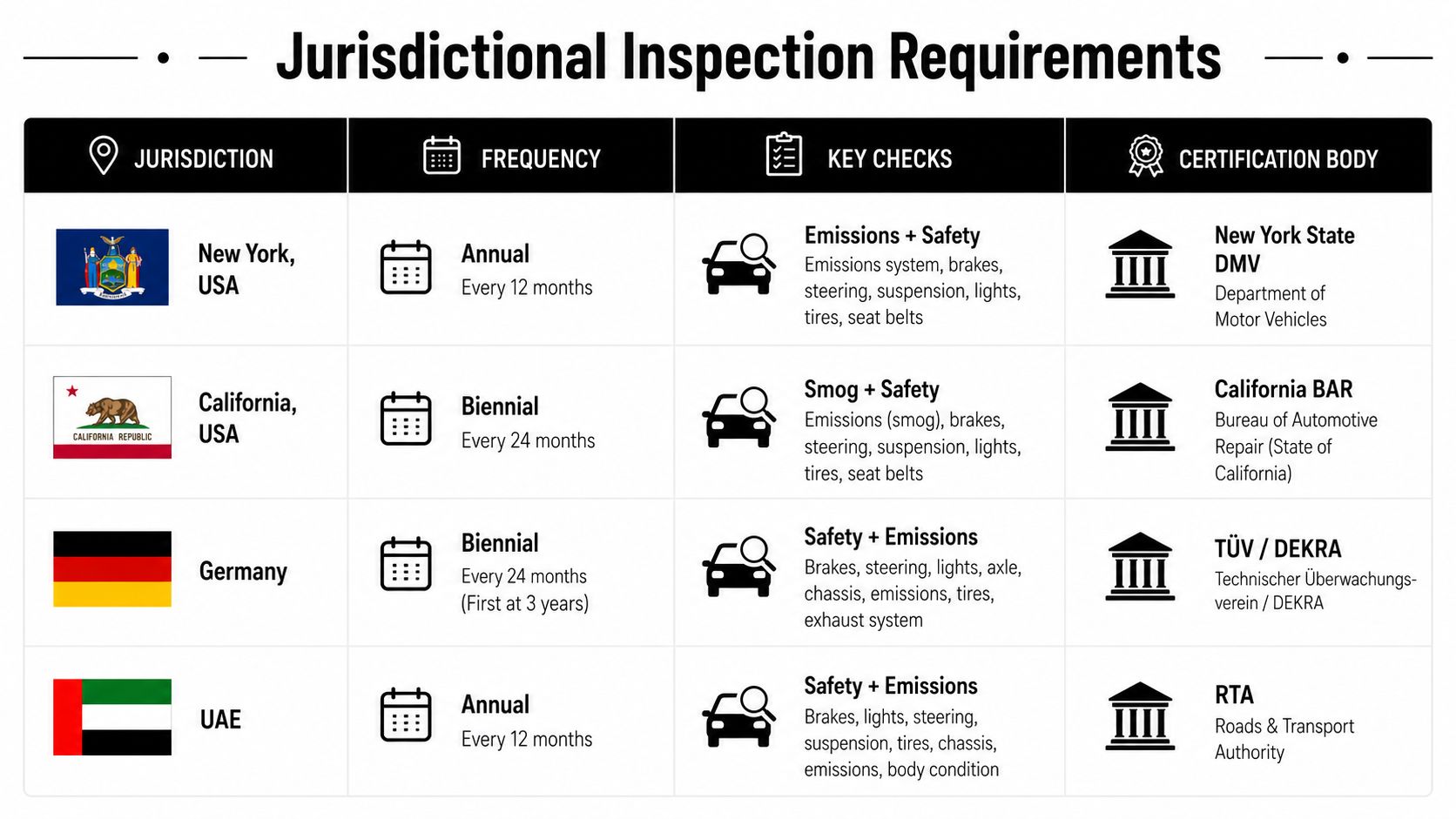 A table comparing vehicle inspection frequency, key safety checks, and certification bodies across New York, California, Germany, and the UAE.