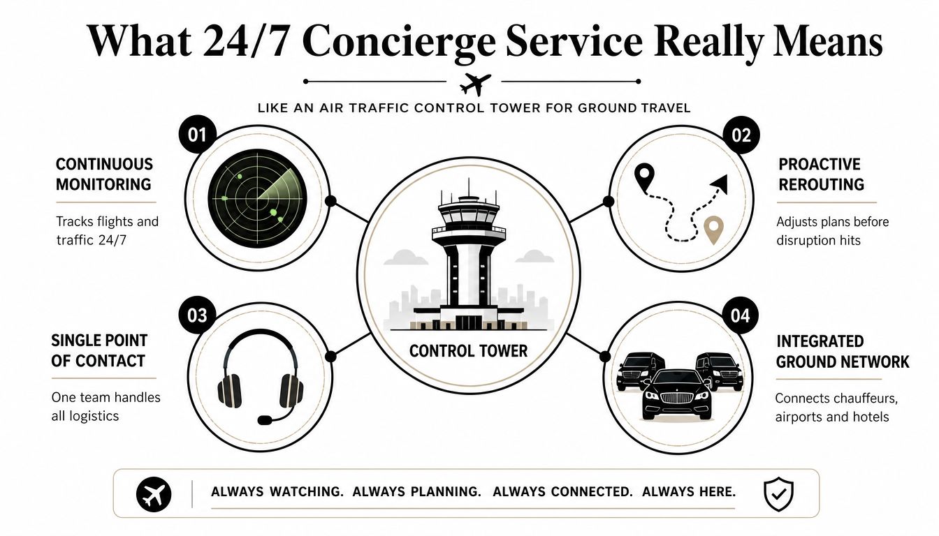 An infographic explaining the benefits of 24/7 concierge services for ground travel using a control tower metaphor.