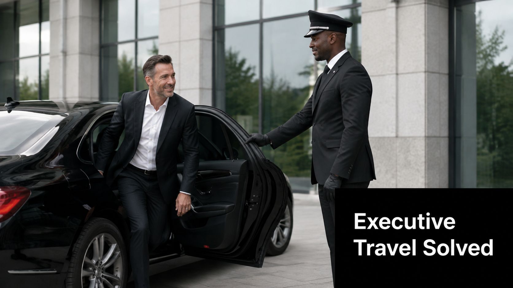 A professional chauffeur opens the door for a businessman exiting a luxury black sedan at an office.