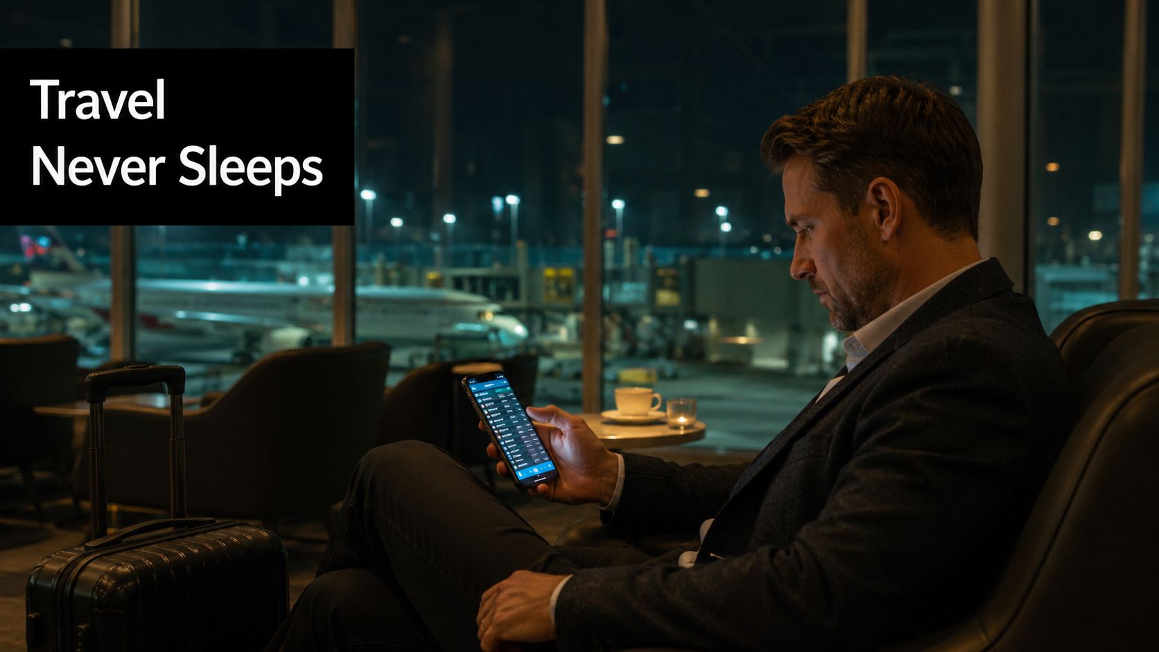 A professional man checking his phone at an airport lounge with an airplane visible outside at night.