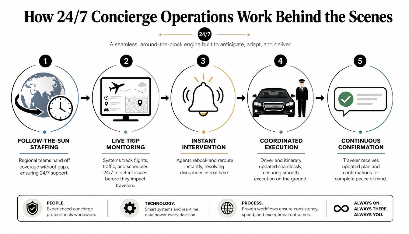 A diagram illustrating the five steps of a 24/7 concierge service operations process for travelers.
