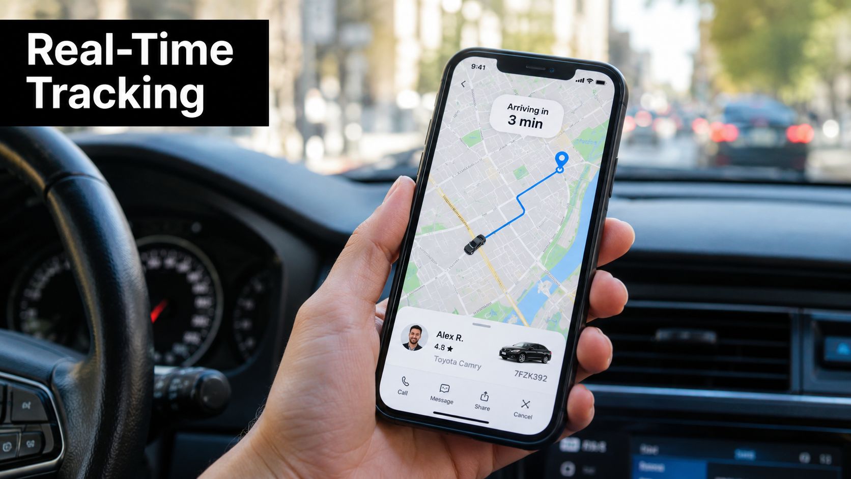 A person holding a smartphone showing a real-time ride-sharing tracking app inside a vehicle.