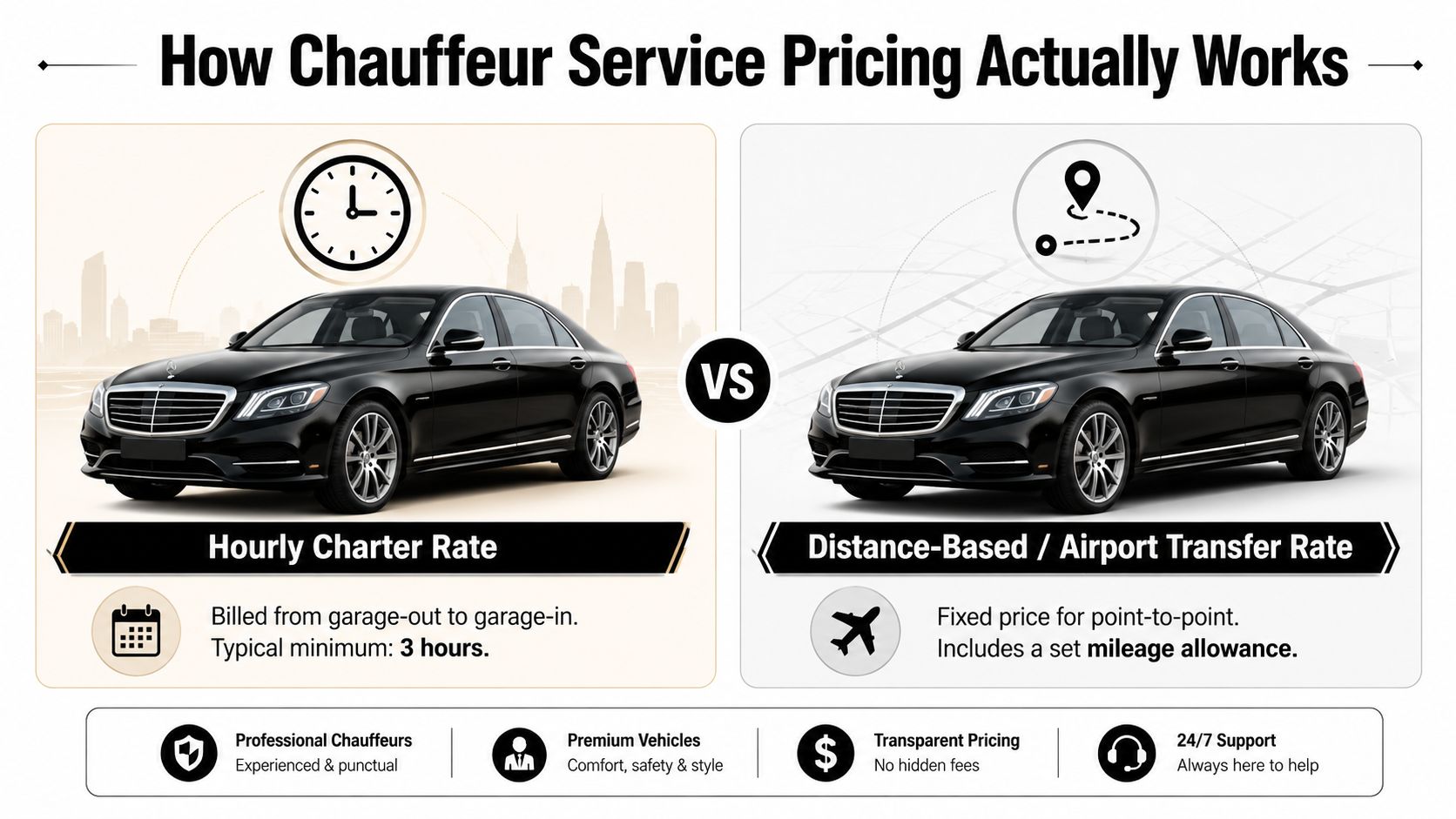 An infographic comparing hourly charter rates versus distance-based and airport transfer rates for chauffeur services.