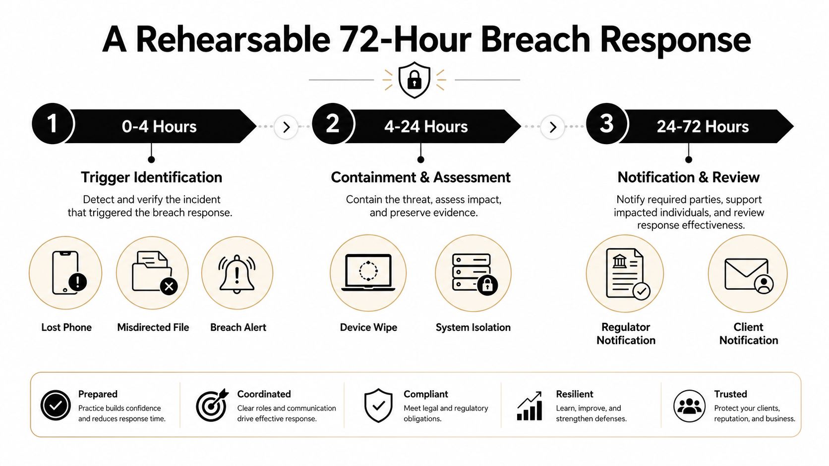 A diagram outlining a three-stage, 72-hour cybersecurity breach response process with actionable steps for organizational resilience.