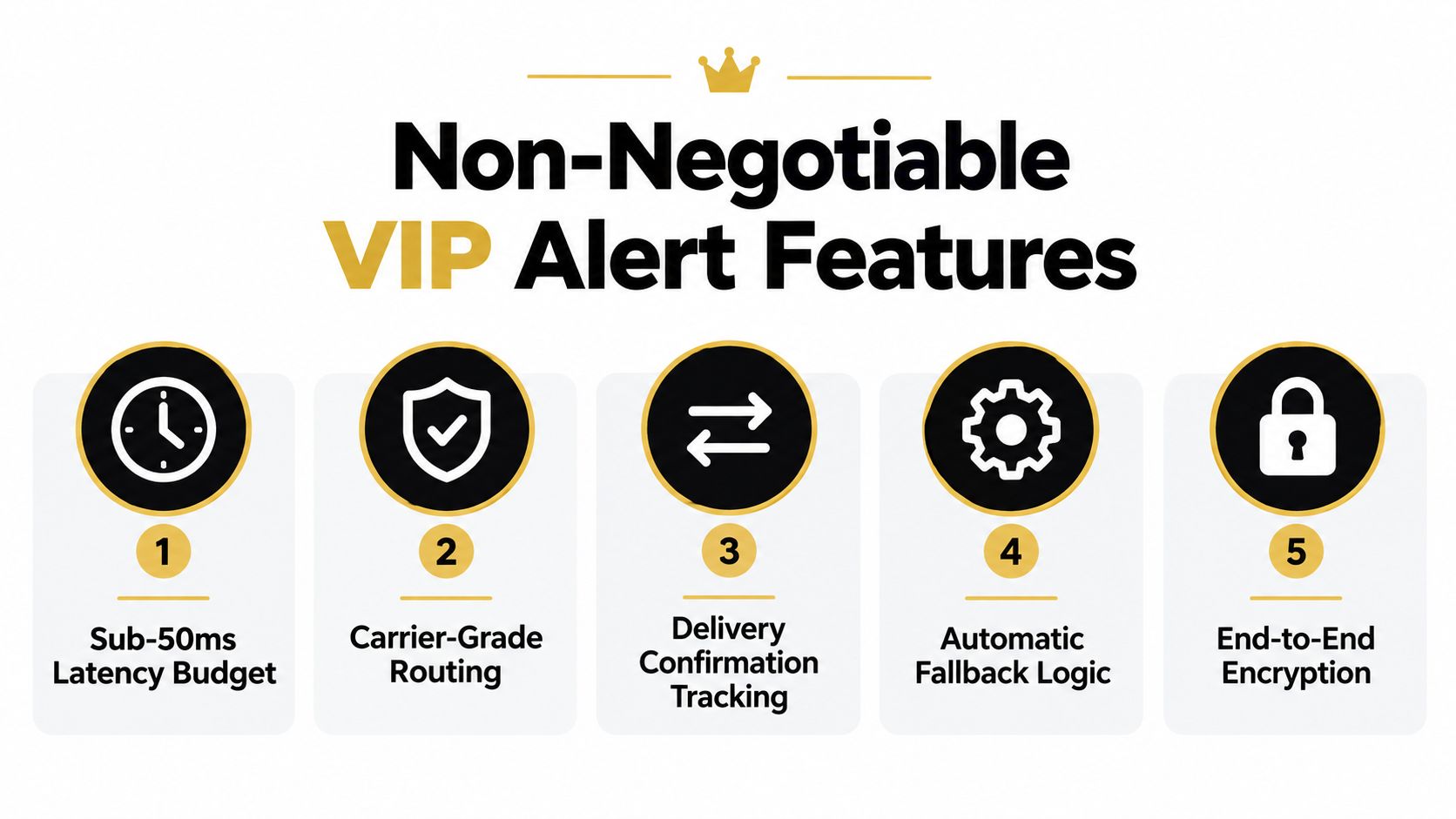 A graphic listing five non-negotiable VIP alert features for an SMS notification service including latency, routing, and security.