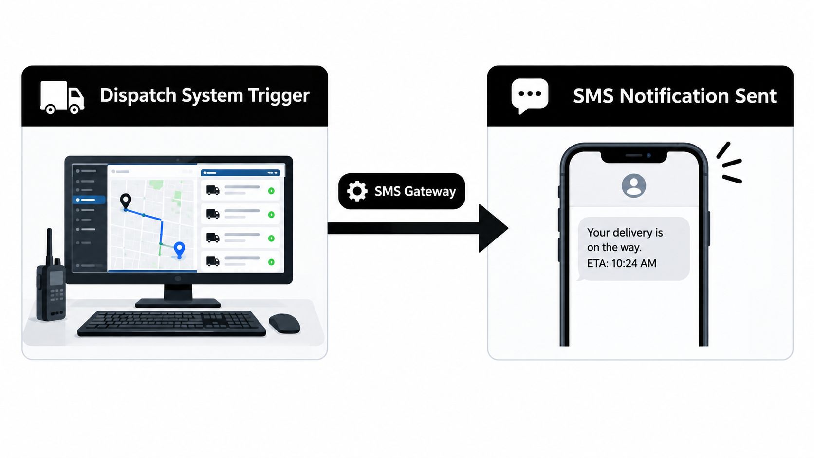 A flow diagram showing a dispatch system trigger sending an automated SMS delivery notification to a customer smartphone.